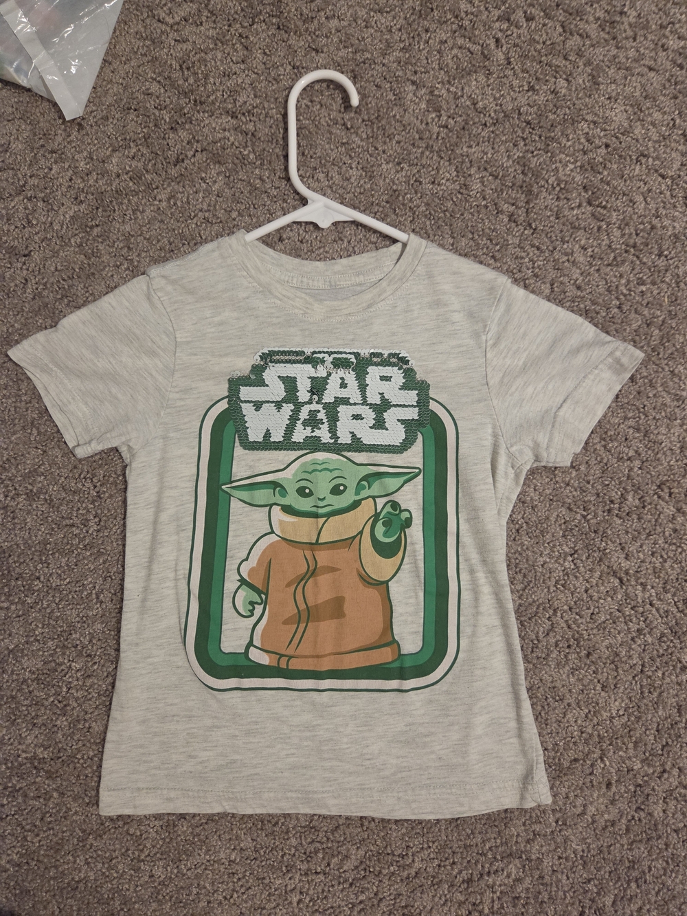 Star Wars Kids Tee in Light Gray with Green and Brown Grogu Graphic